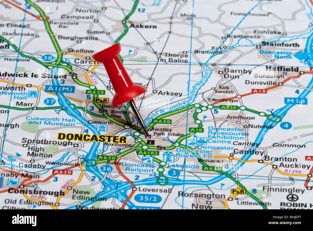 red map pin in road map pointing to city of Doncaster Stock Photo Alamy