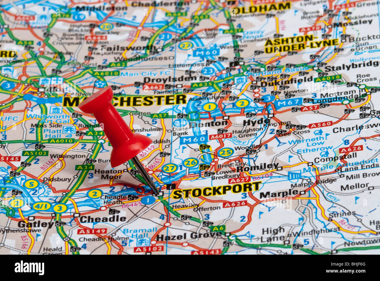 red map pin in road map pointing to city of Stockport Stock Photo