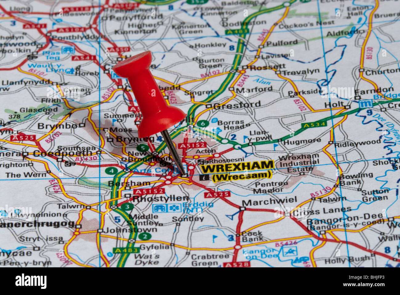 red map pin in road map pointing to city of Wrexham Stock Photo