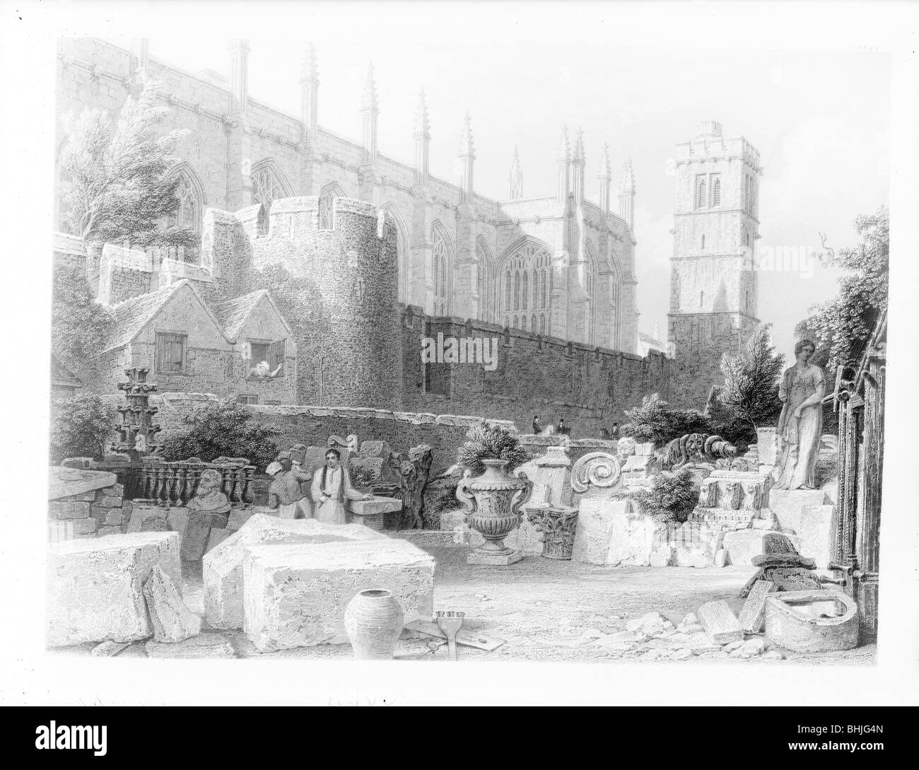 Stonemasons at work in front of the chapel at New College, Oxford, Oxfordshire. Artist: Unknown Stock Photo