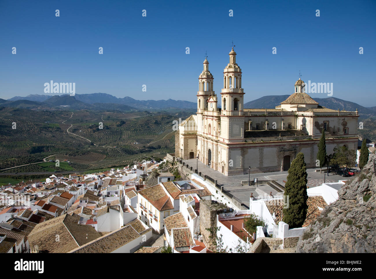 Olvera Church and surrounding countryside, Olvera, Cadiz, Spain Stock Photo