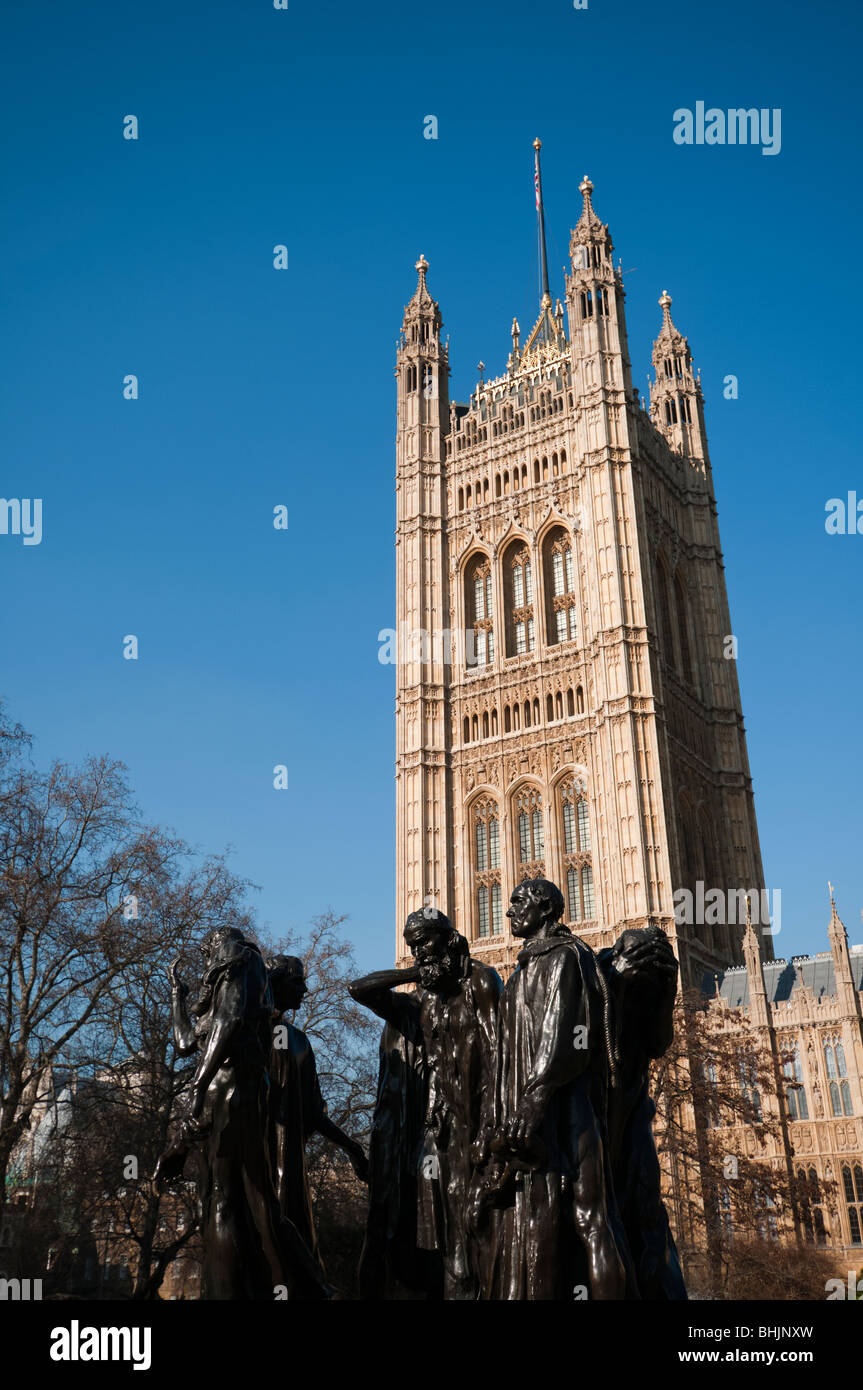 Burghers of Calais and Victoria Tower Stock Photo