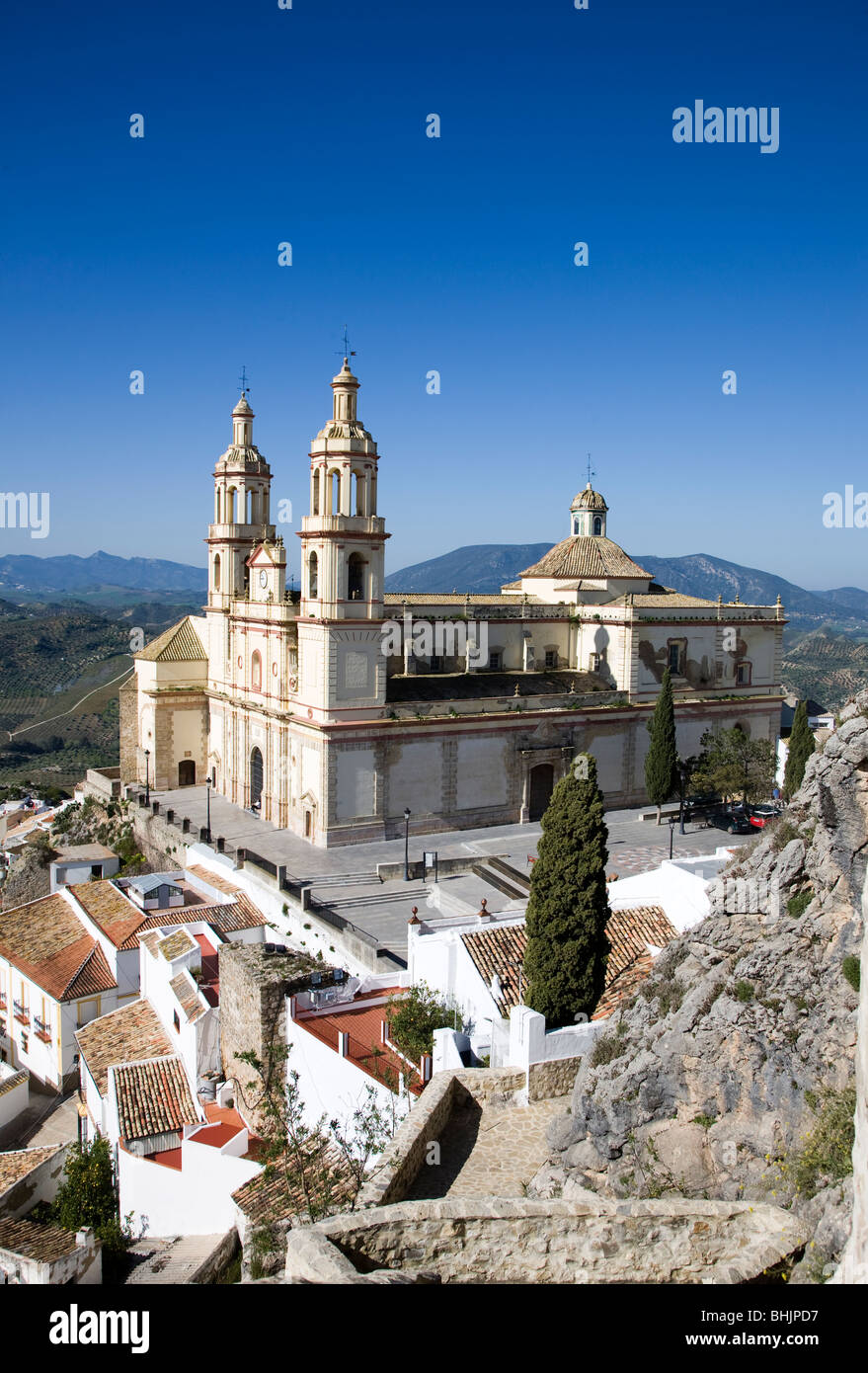 Olvera Church and surrounding countryside, Olvera, Cadiz Province, Spain Stock Photo