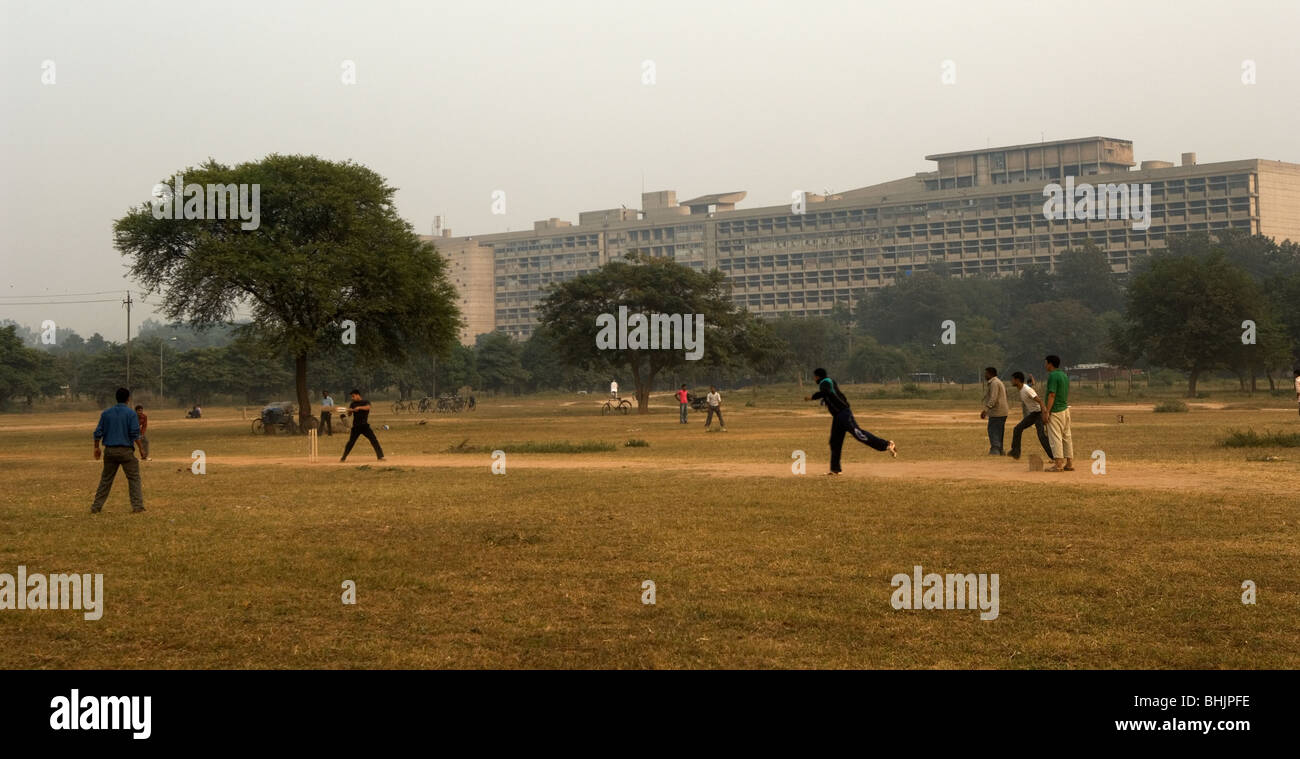 Cricket played in front of Le Corbusier's Capital Complex, Chandigarh, Punjab, India Stock Photo
