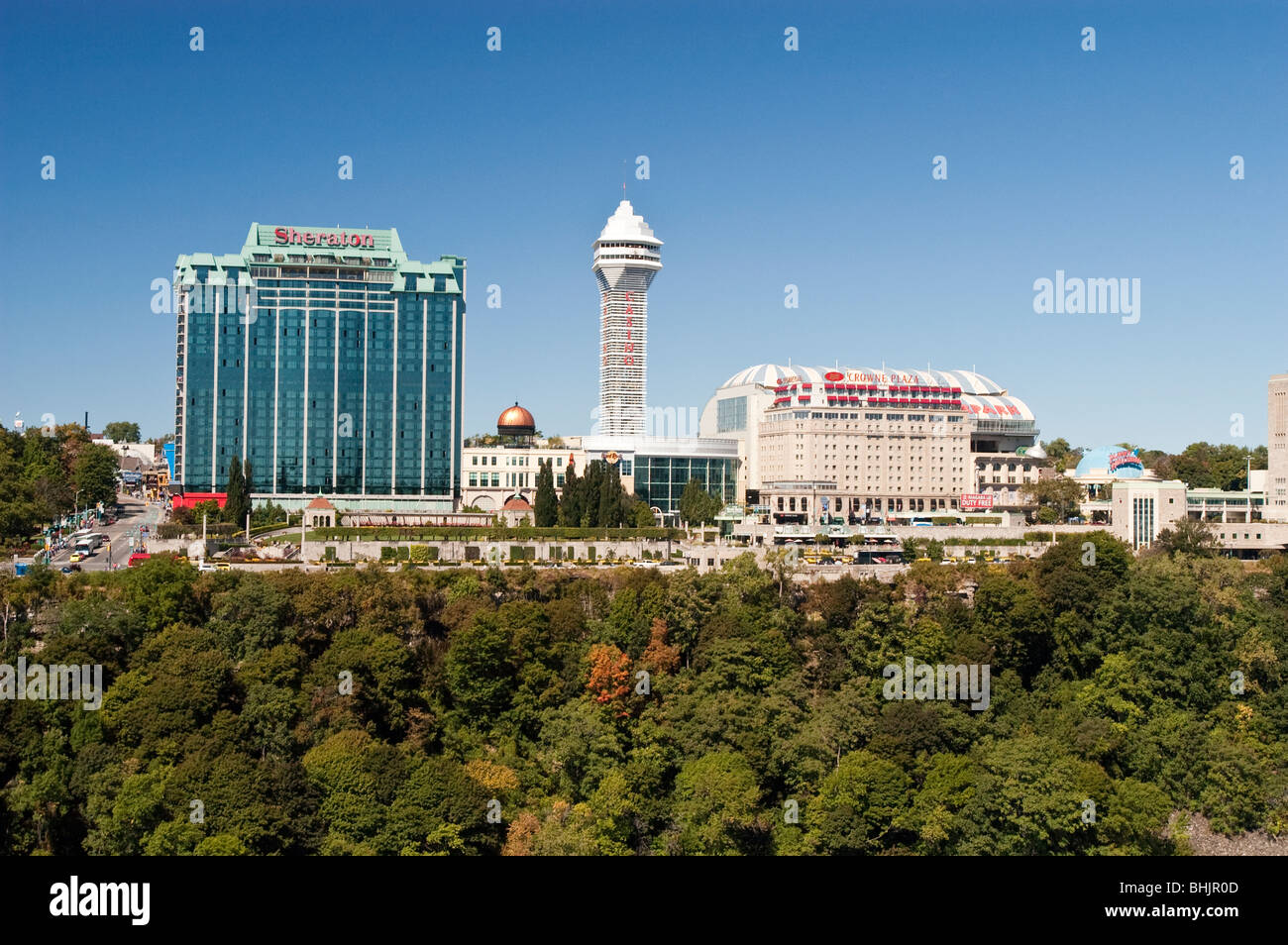 Sheraton hotel building, Casino tower and Crowne Plaza hotel  in Niagara Falls, Ontario, Canada as seen from the US side Stock Photo