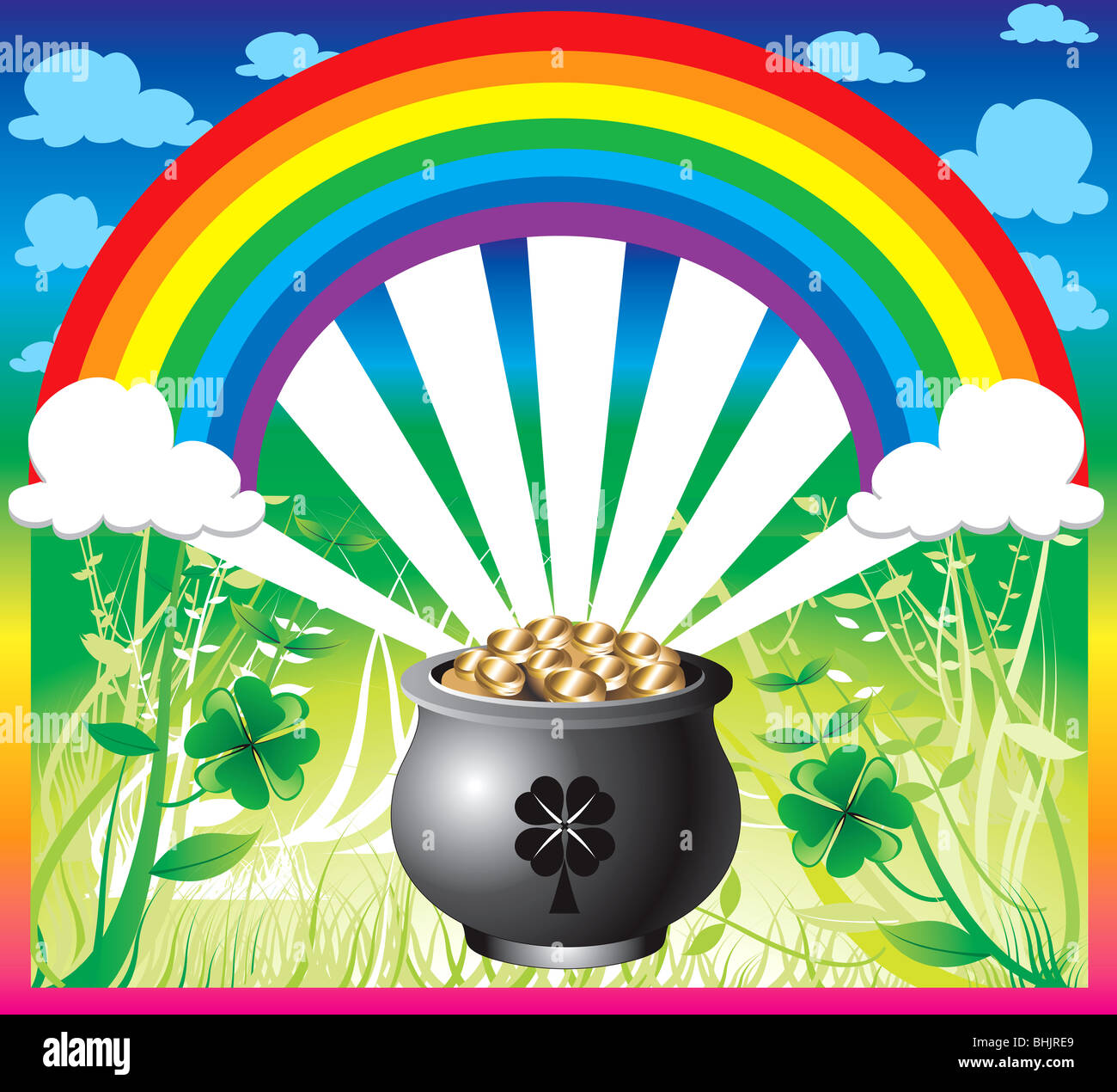 Vector Illustration of pot of gold rainbow with a colorful background