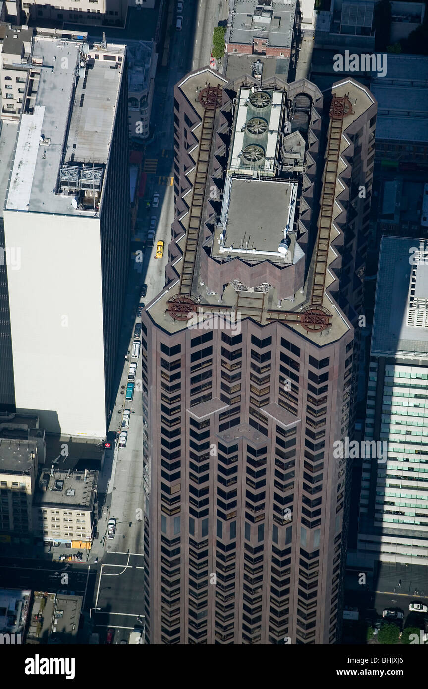 aerial view above 555 California Street skyscraper rooftop San Francisco California Stock Photo