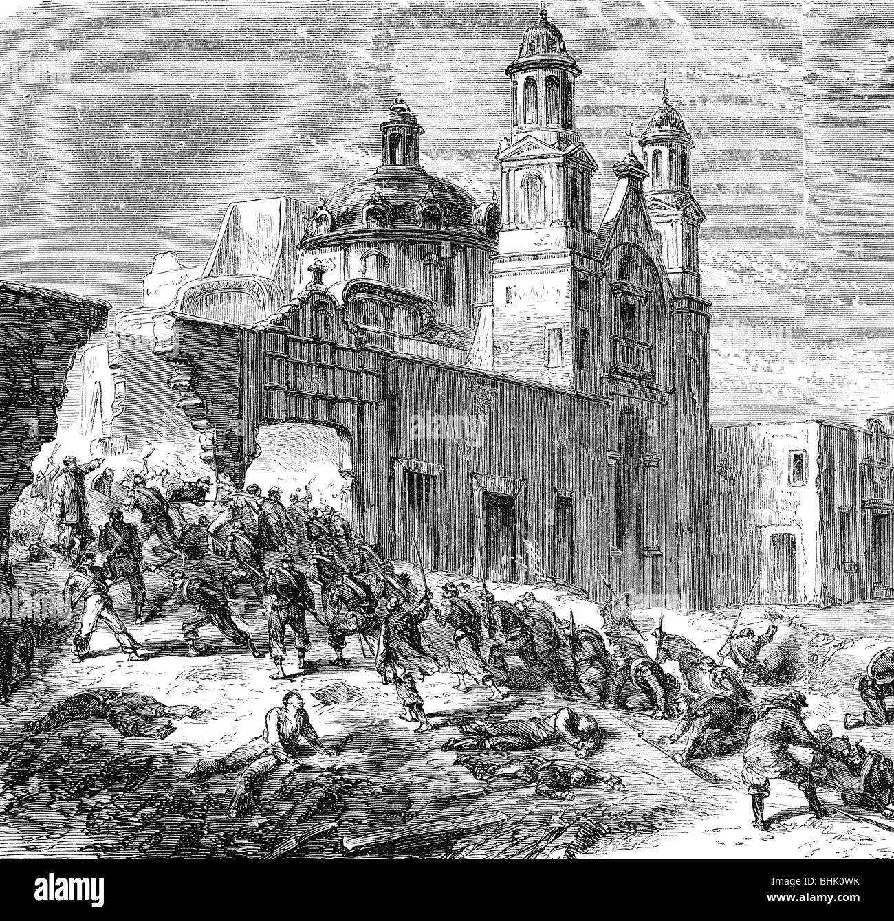geography / travel, Mexico, French Intervention 1861 - 1867, siege of Puebla 18.3. - 17.5.1863, French soldiers storming Penitenciario, 19th century, historic, historical, Mexican, Central America, revolution, military engagement, Second Empire, revolt, colonial infantry, attack, war, CEAM, people, Stock Photo