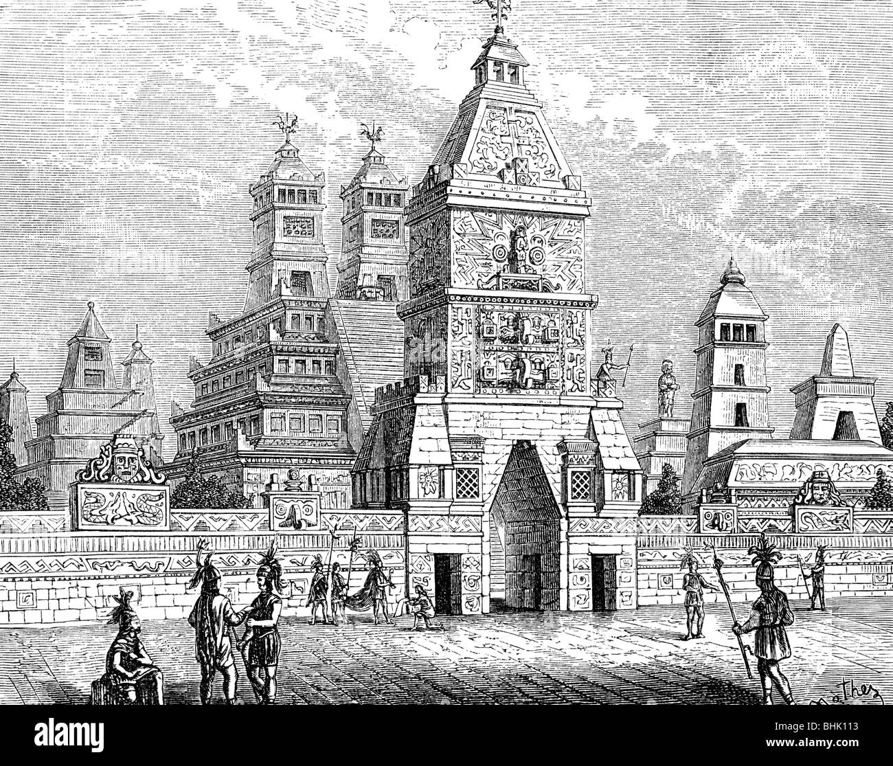 geography / travel, Mexico, Mexico City (Tenochtitlan), city view / cityscape, city wall of Aztec main teocalli, reconstruction by D. Mothes, wood engraving, 19th century, historic, historical, Central America, Mesoamerican site, city view, cityscape, city views, cityscapes, townscape, townscapes, city gate, city gates, architecture, pre-Colombian, Aztec Empire, Aztecs, temple, temples, sites, CEAM, people, Stock Photo