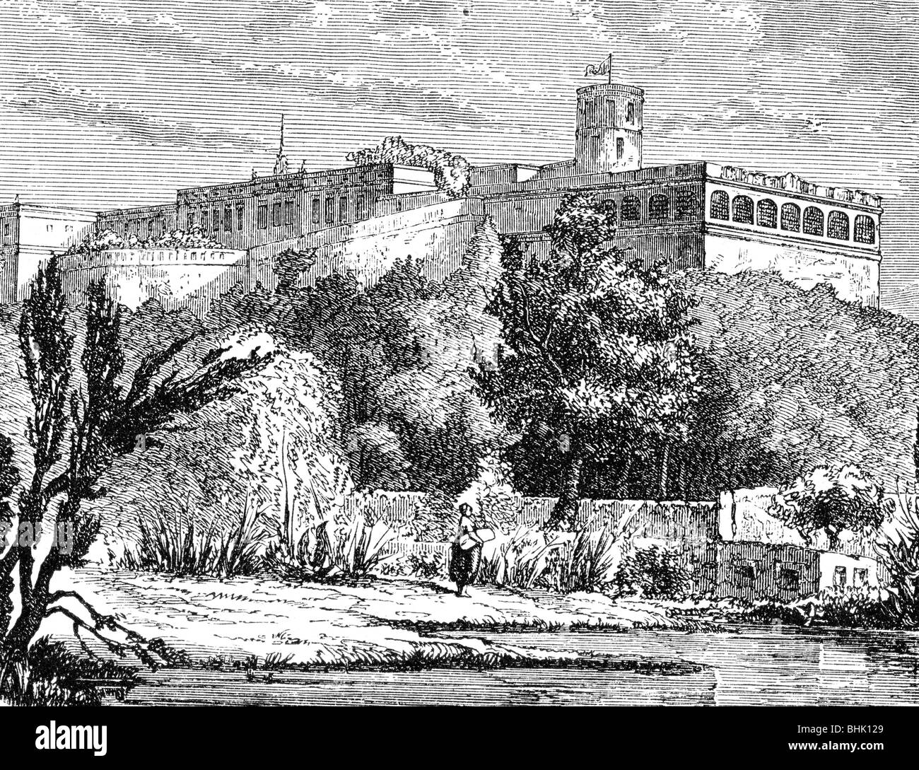 geography / travel, Mexico, Mexico City, castles, Chapultepec Castle, built: 1864, exterior view, wood engraving, circa 1900, historic, historical, Central America, residence of emperor Maximilian I of Mexico, palace, Mexican Empire, balcony, building, buildings, architecture, CEAM, 20th century, 1900s, Stock Photo