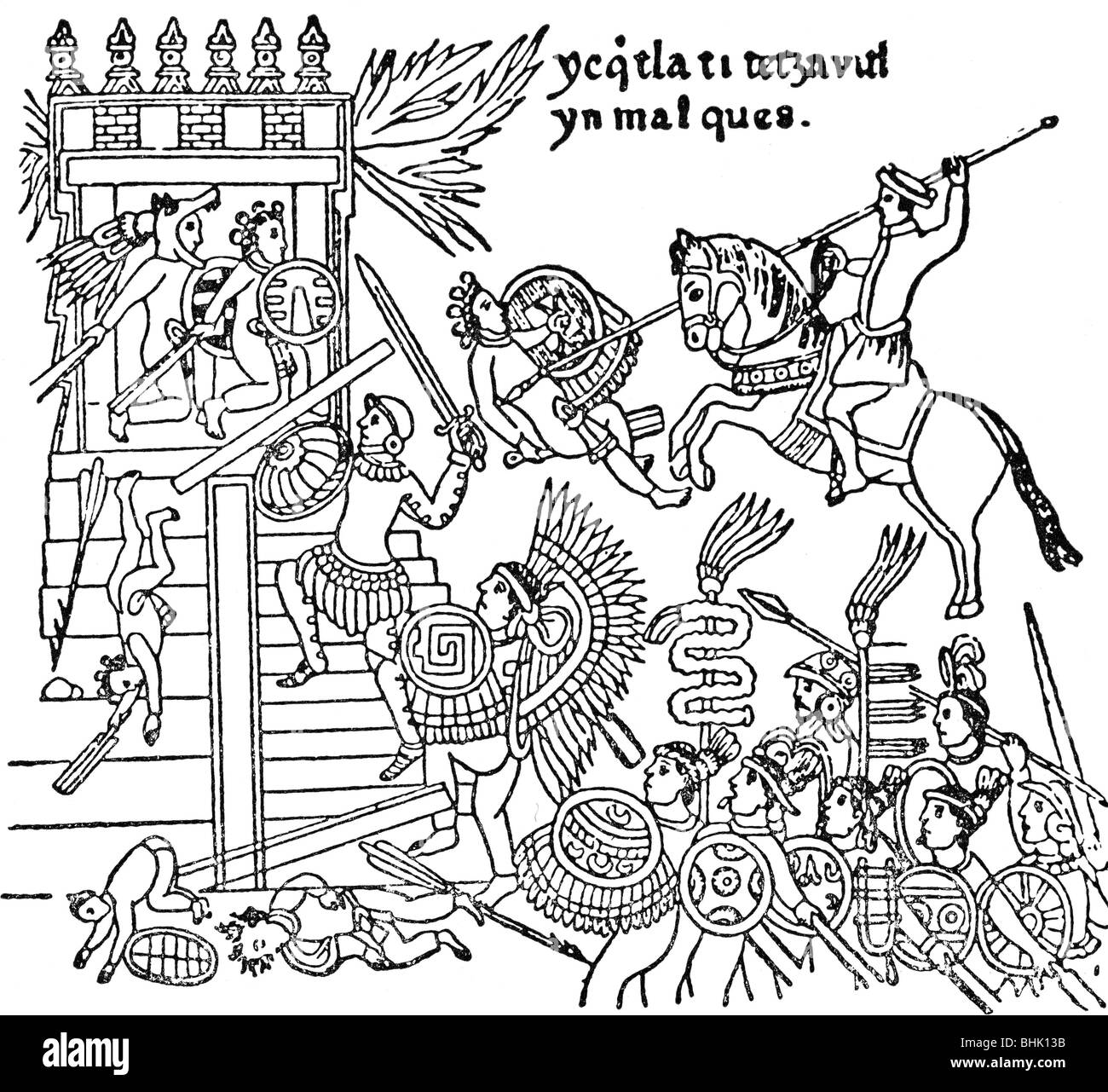 geography / travel, Mexico, Aztec Empire, Spanish conquistadors entering Aztec temple in Mexico, after Aztec drawings, Central America, historic, historical, conquest, conqueror, conquerors, Indian, native, indigenous people, Aztecs, violence, atrocity, atrocities, defence, defense, defences, defenses, soldiers, military, eagle, suit of armour, fighting, battle, CEAM, Stock Photo