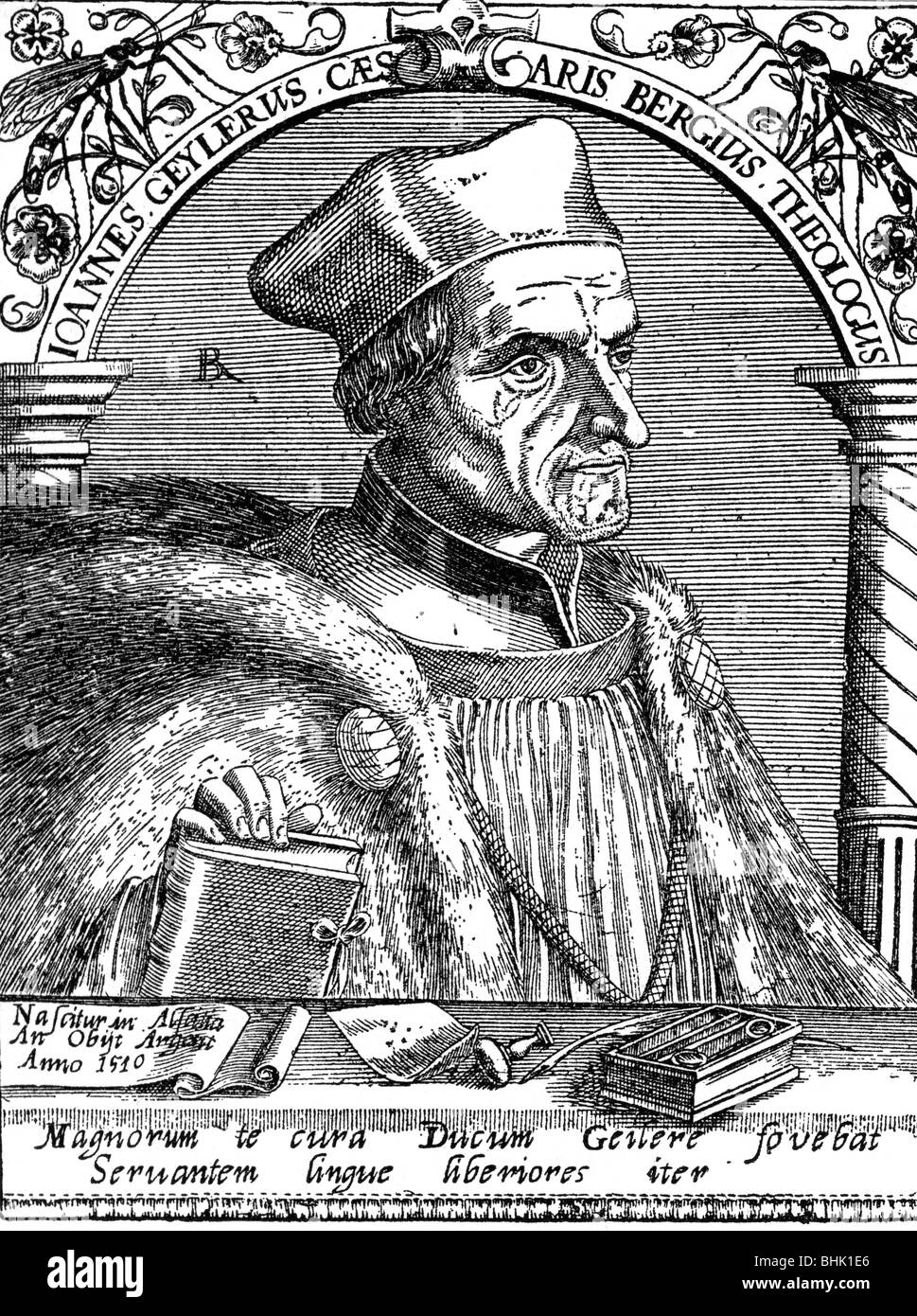 Geiler von Kaisersberg, Johann, 16.3.1445 - 10.3.1510, German clergyman, half length, woodcut, Johannes Theodor de Bry "Bibliotheca typographia", Frankfurt, 1650, , Stock Photo