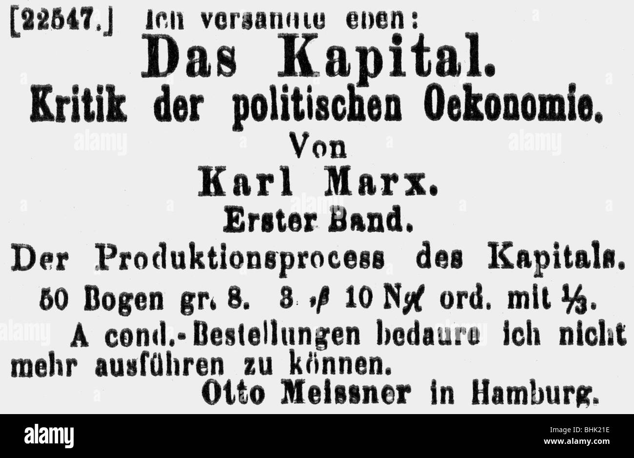 Marx, Karl, 5.5.1818 - 14.3.1883, German philosopher, works, 'Capital' ('Das Kapital'), title, published by Otto Meissner, advertising, 1867, , Stock Photo