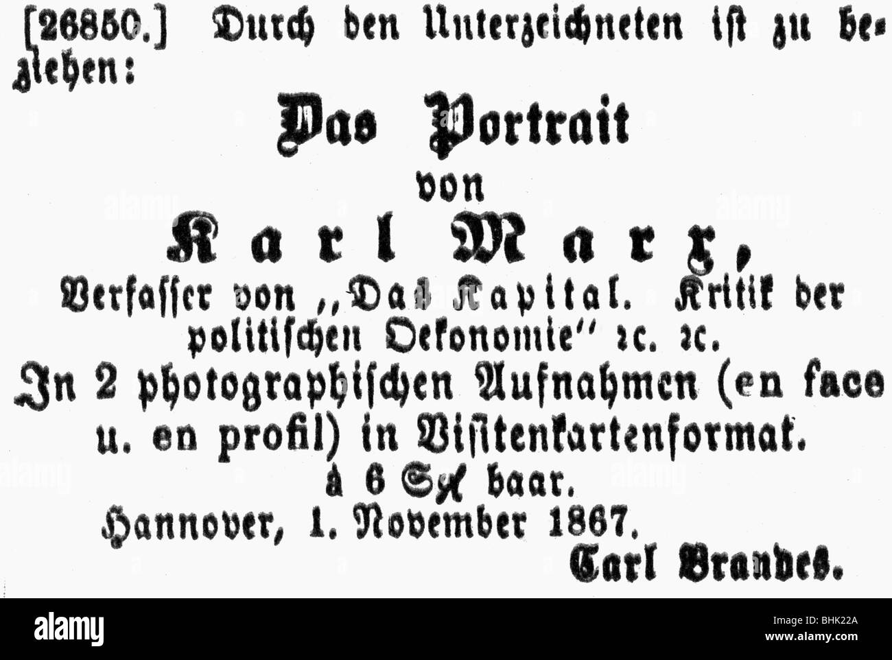 Marx, Karl, 5.5.1818 - 14.3.1883, German philosopher, advert for photograph of him by Carl Brandes, Hanover, 1867, , Stock Photo
