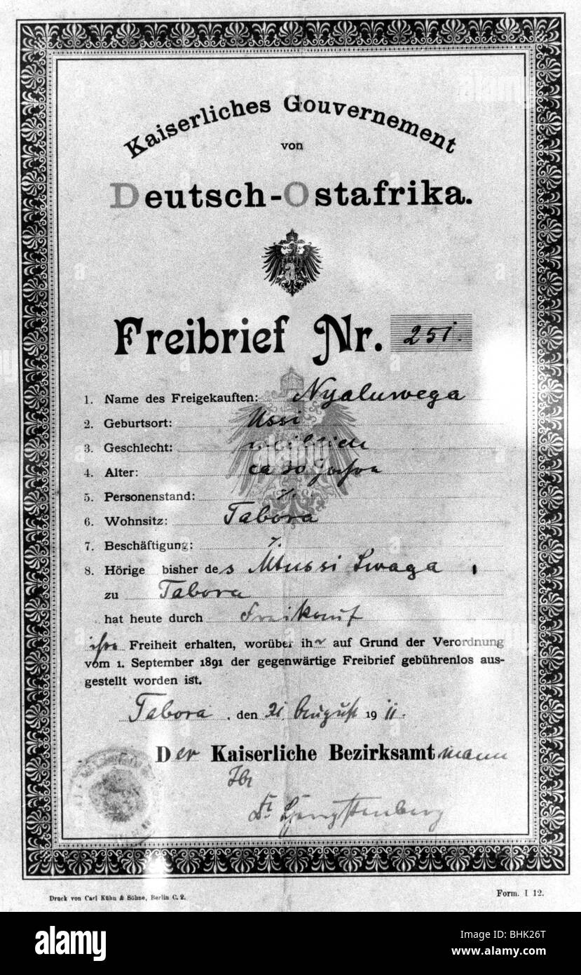 slavery, documents, letter of manumission of a former female slave from German East Africa, issued by the imperial German colonial government, 31.8.1911, Stock Photo