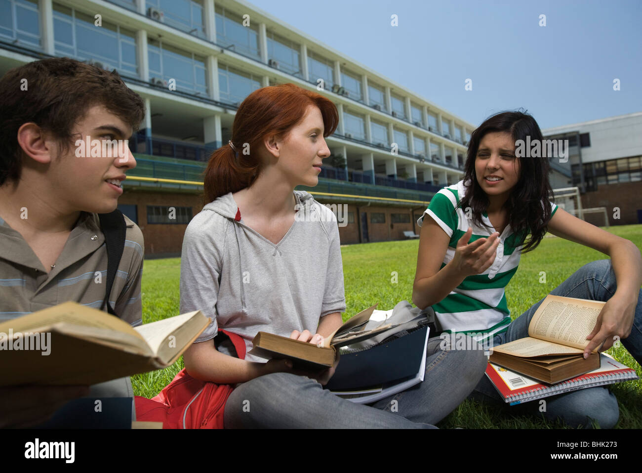 High school students having study group sitting on school lawn Stock Photo