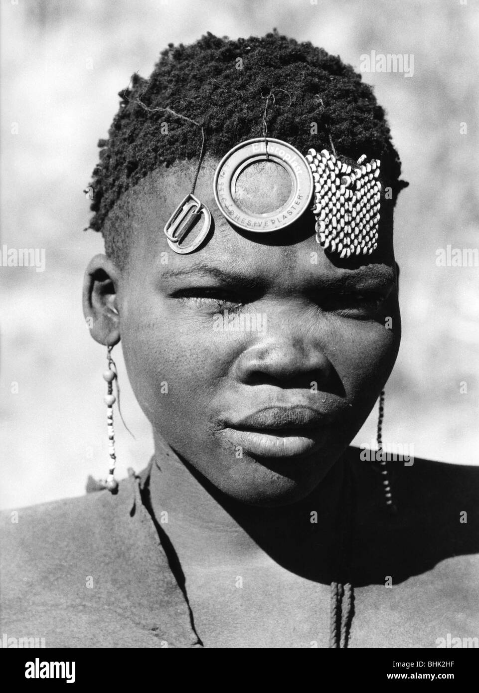 people, ethnology, women, Africa, Southern Africa, portrait of a !Kung woman with hair decoration, 1960s, Stock Photo