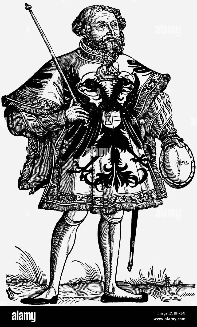 heraldy, heralds, herald of the Holy Roman Empire, woodcut by Michael Ostendorf, 1st half 16th century, likely Kaspar Sturm, baton, tabard, Germany, Imperial, coat of arms, eagle, German, historic, historical, HRE, people, Stock Photo