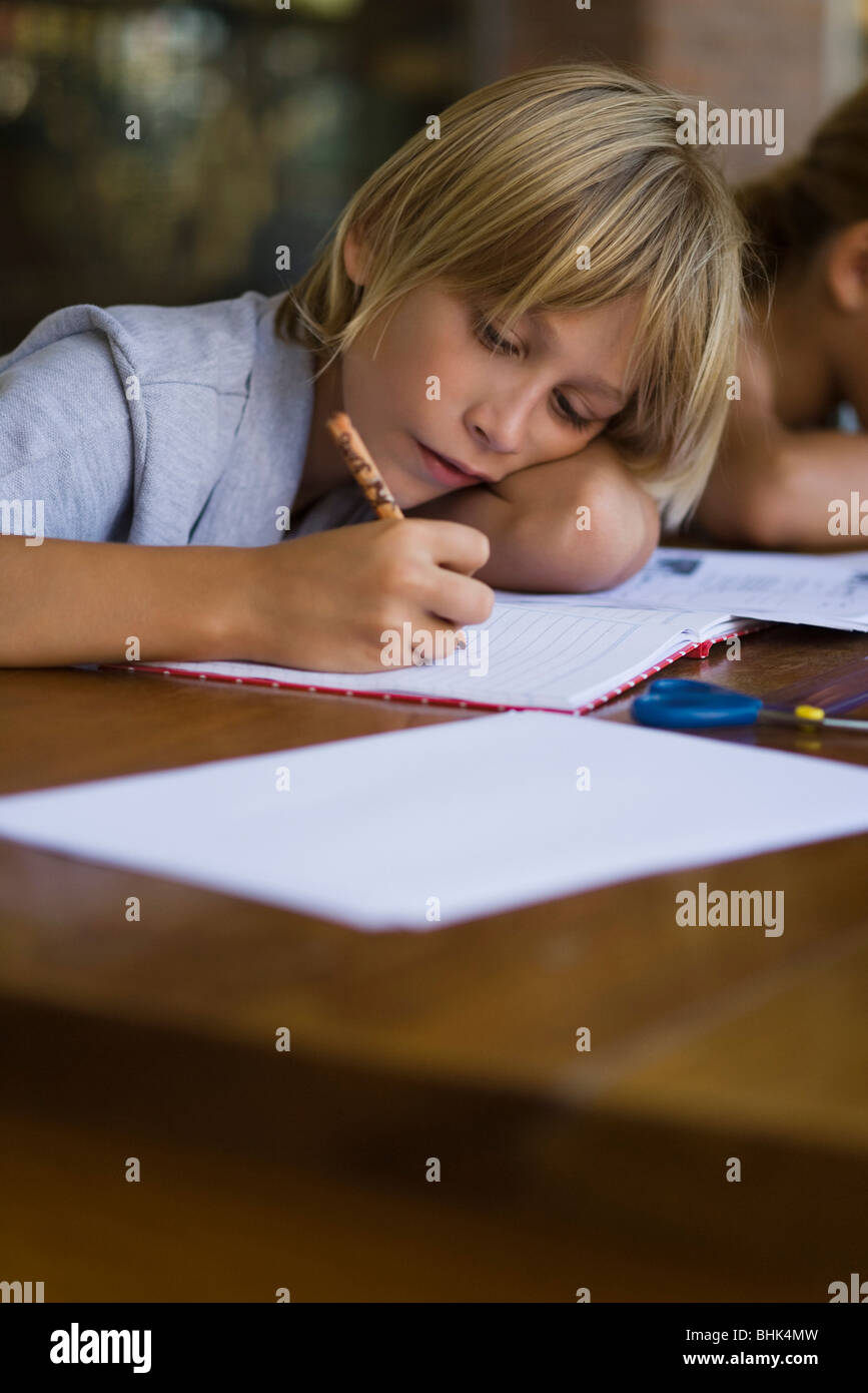 Elementary school student concentrating on school work Stock Photo