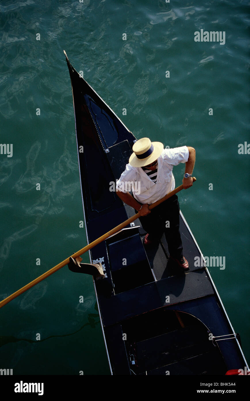 Venice, Italy. Birds eye view of a Gondolier. Stock Photo