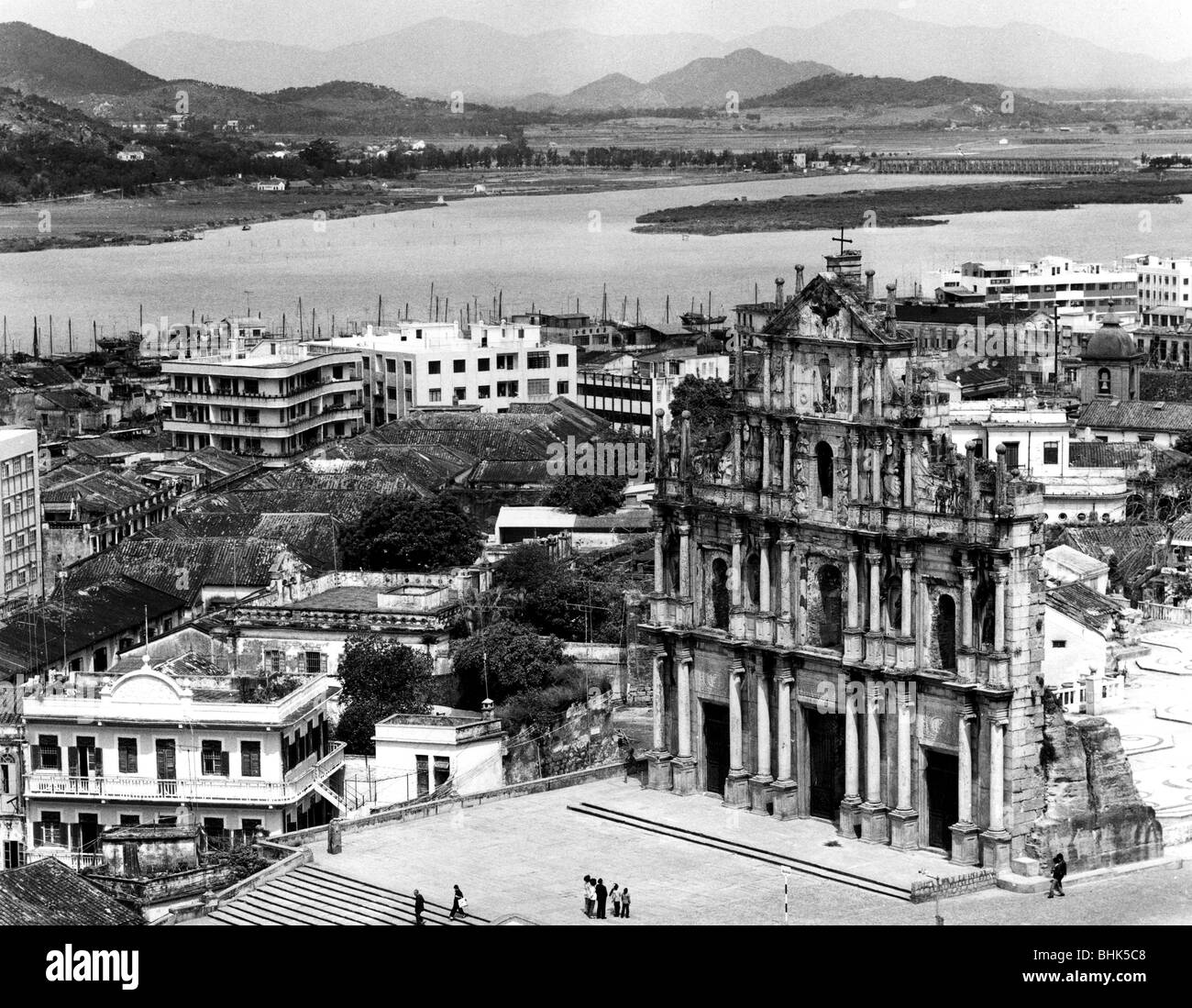 geography / travel, People's Republic of China, Macau, city views / cityscapes, view of the city from Fortaleza do Monte with the facade of St. Paul's Cathedral of in the foreground, 1972, Stock Photo