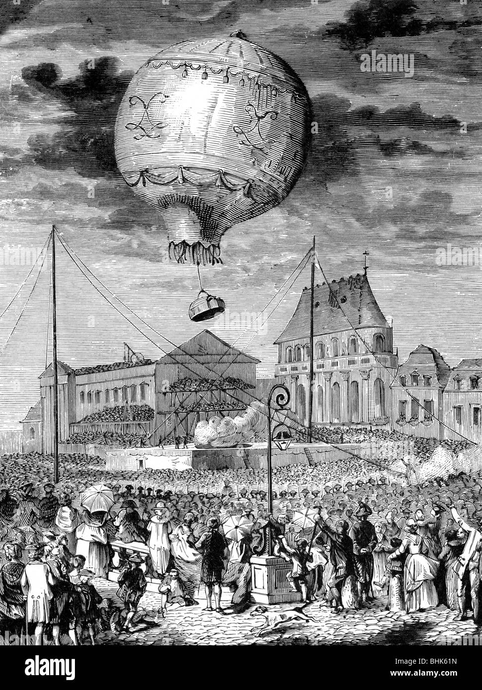 transport / transportation, aviation, balloons, hot-air ballon of brothers Joseph Michel and Jacques Etienne Montgolfier, flight of a unmanned balloon, Versailles Castle, 19.9.1783, Stock Photo