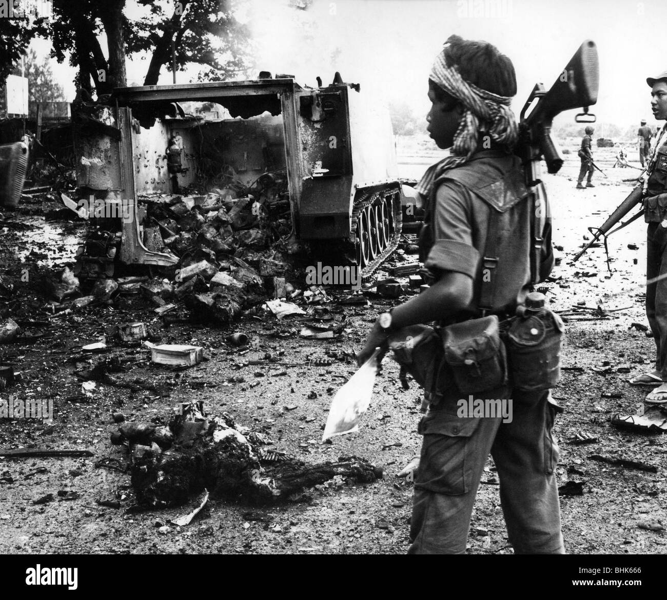 events, Vietnam War, charred bodies and a destroyed military vehicle