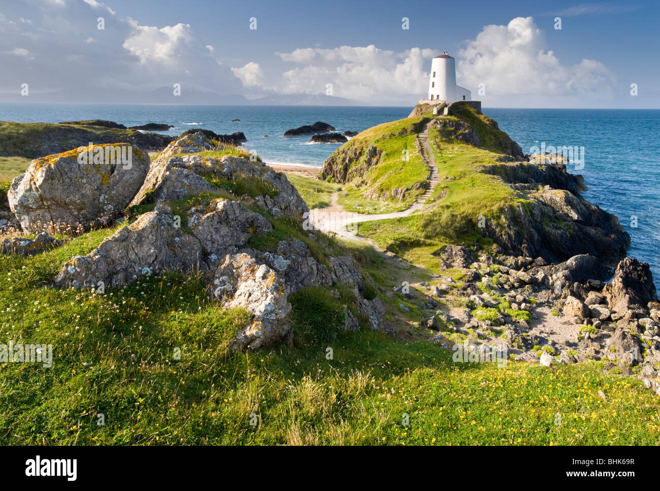 Lighthouse on Llanddwyn Island National Nature Reserve, Near Newborough, Anglesey, North Wales, UK Stock Photo