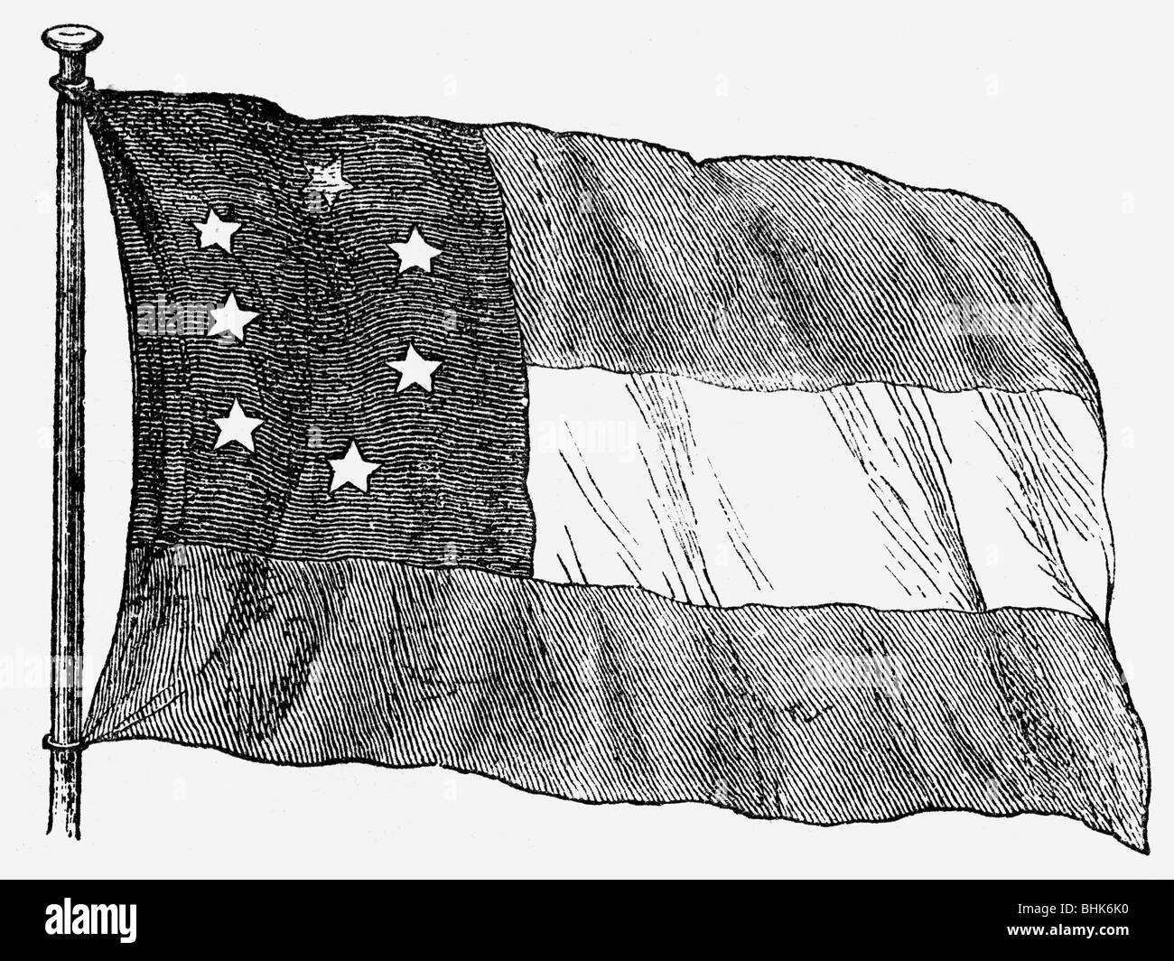 heraldy, flags, Confederate States of America, 1st national flag with seven stars, 5.3.- 21.5.1861, designed by Nicola Marschall, wood engraving, 19th century, , Stock Photo