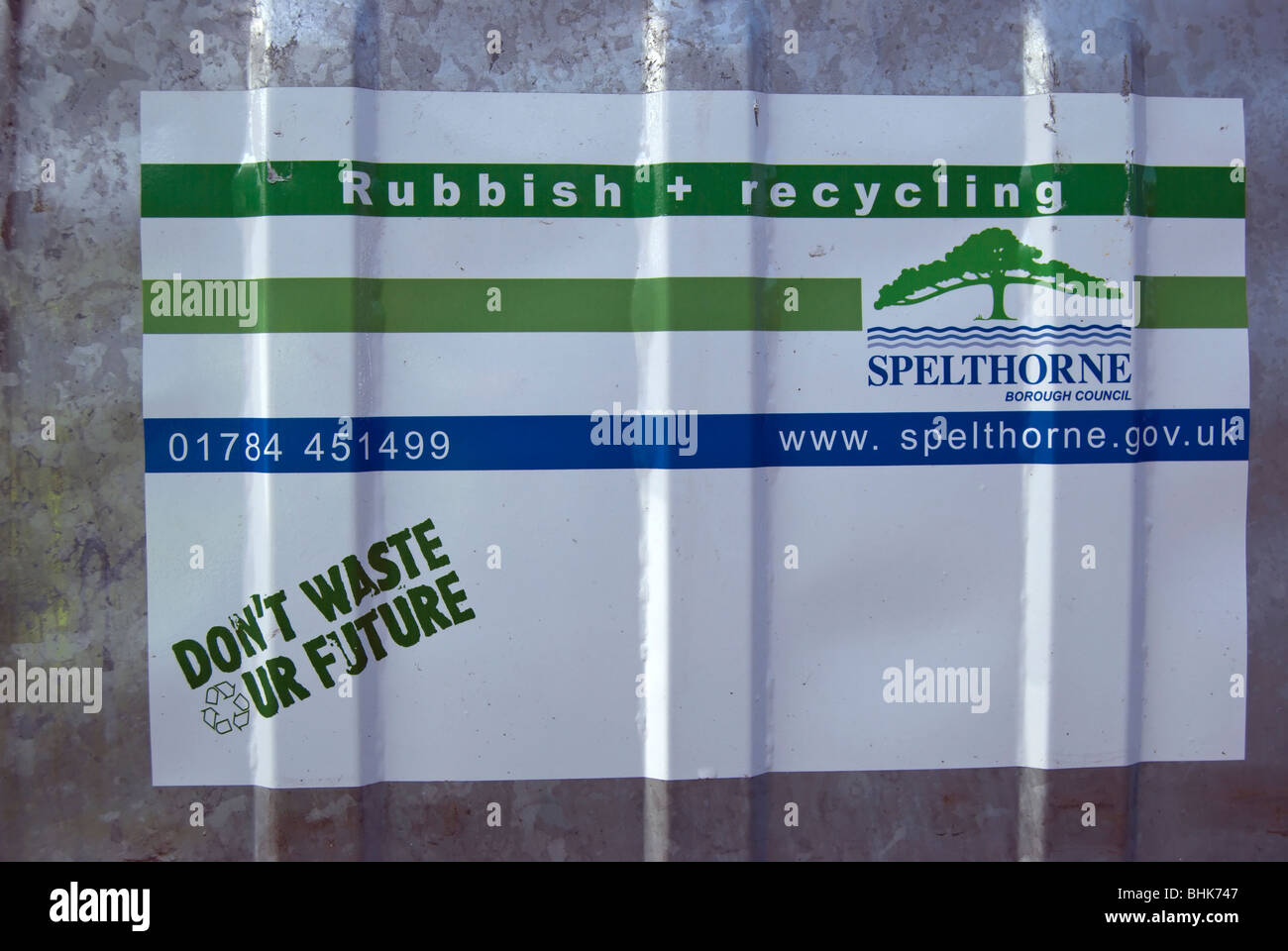 rubbish and recycling label on recycling bin belonging to spelthorne borough council, in shepperton, middlesex, england Stock Photo