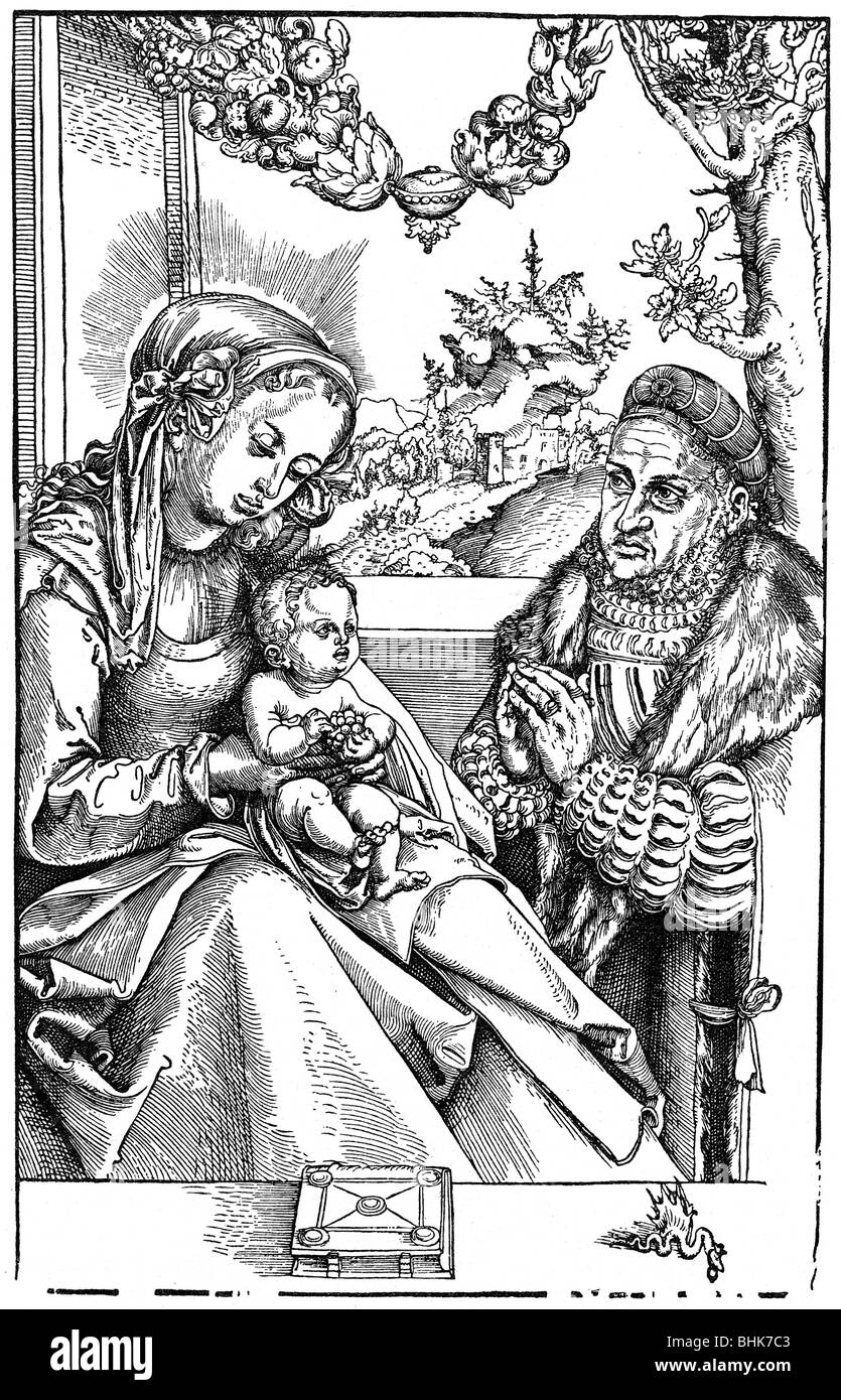 Frederick III 'the Wise', 17.1.1486 - 5.5.1525, Elector of Saxony 26.8.1486 - 5.5.1525, praying to the Virgin Mary, copper engraving by Lucas Cranach the Elder, circa 1510, , Artist's Copyright has not to be cleared Stock Photo
