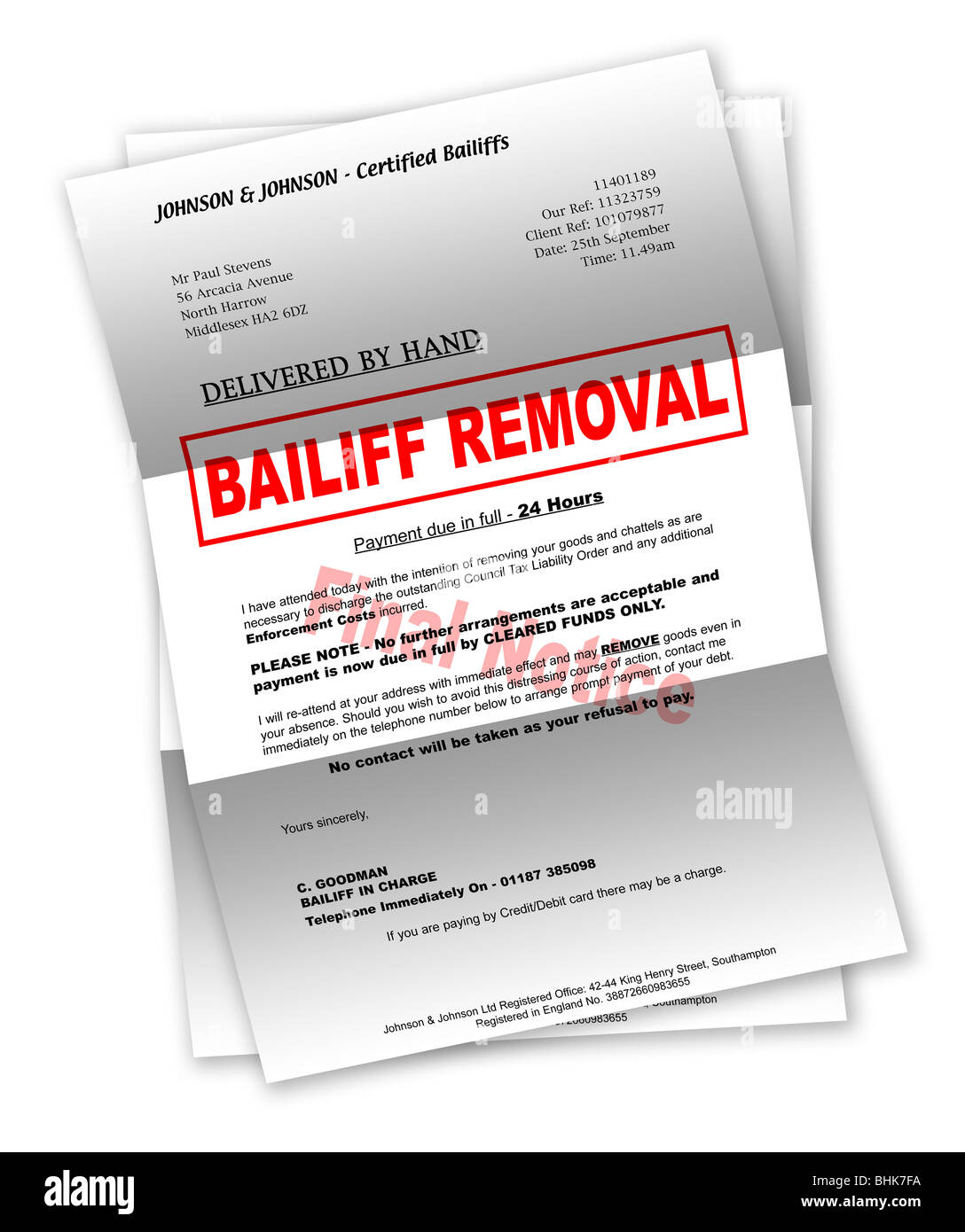 Bailiff Letter Stock Photo