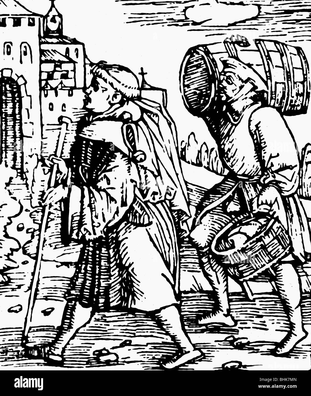 money, taxes, tithe, peasant bringing tributes to a monastary, woodcut, Germany, 1522 Stock