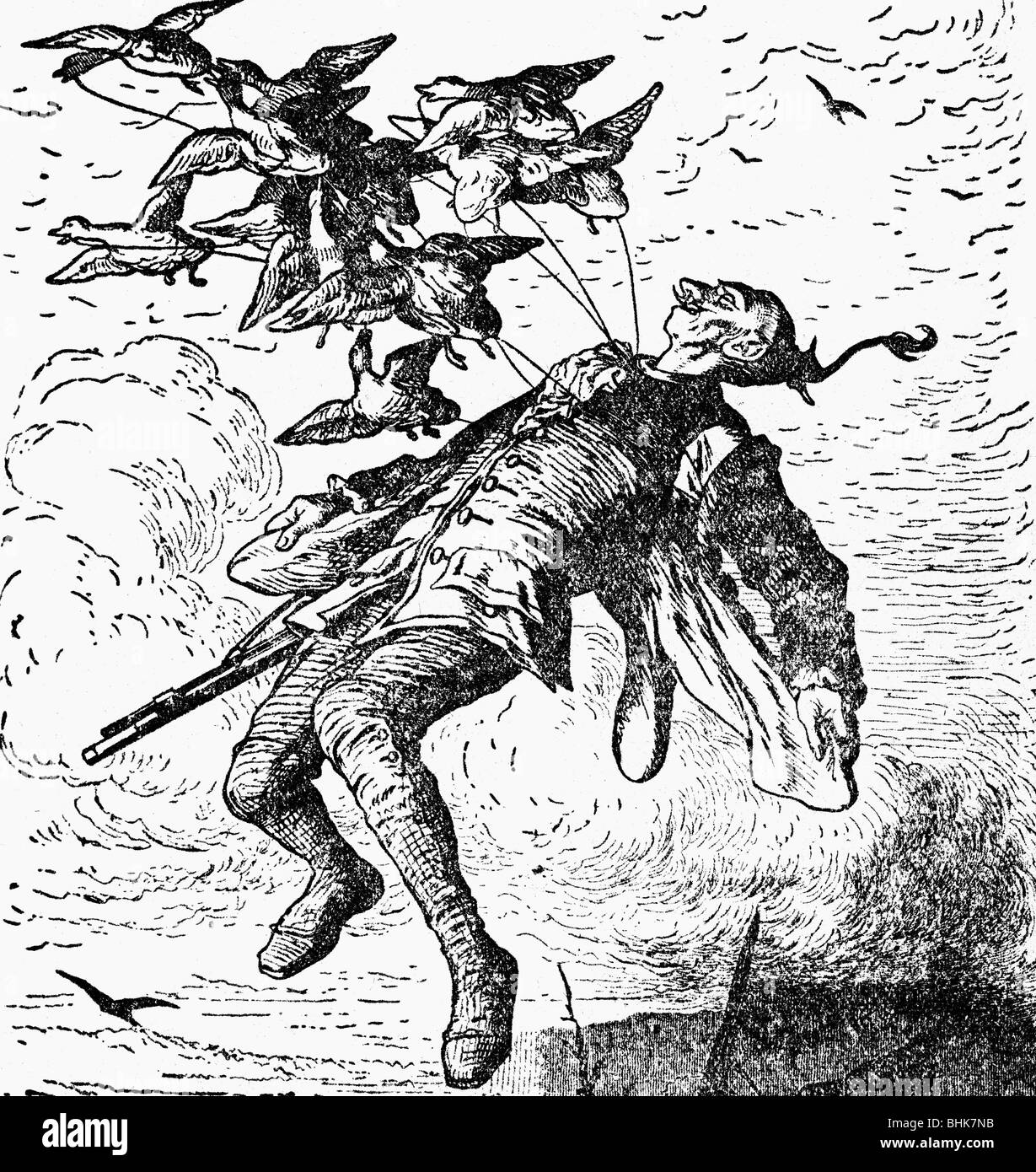 Munchhausen, Karl Friedrich Hieronymus von, 11.5.1720 - 22.2.1797, German officer, adventures, is lifted in the air by ducks, wood engraving, 1874, , Stock Photo