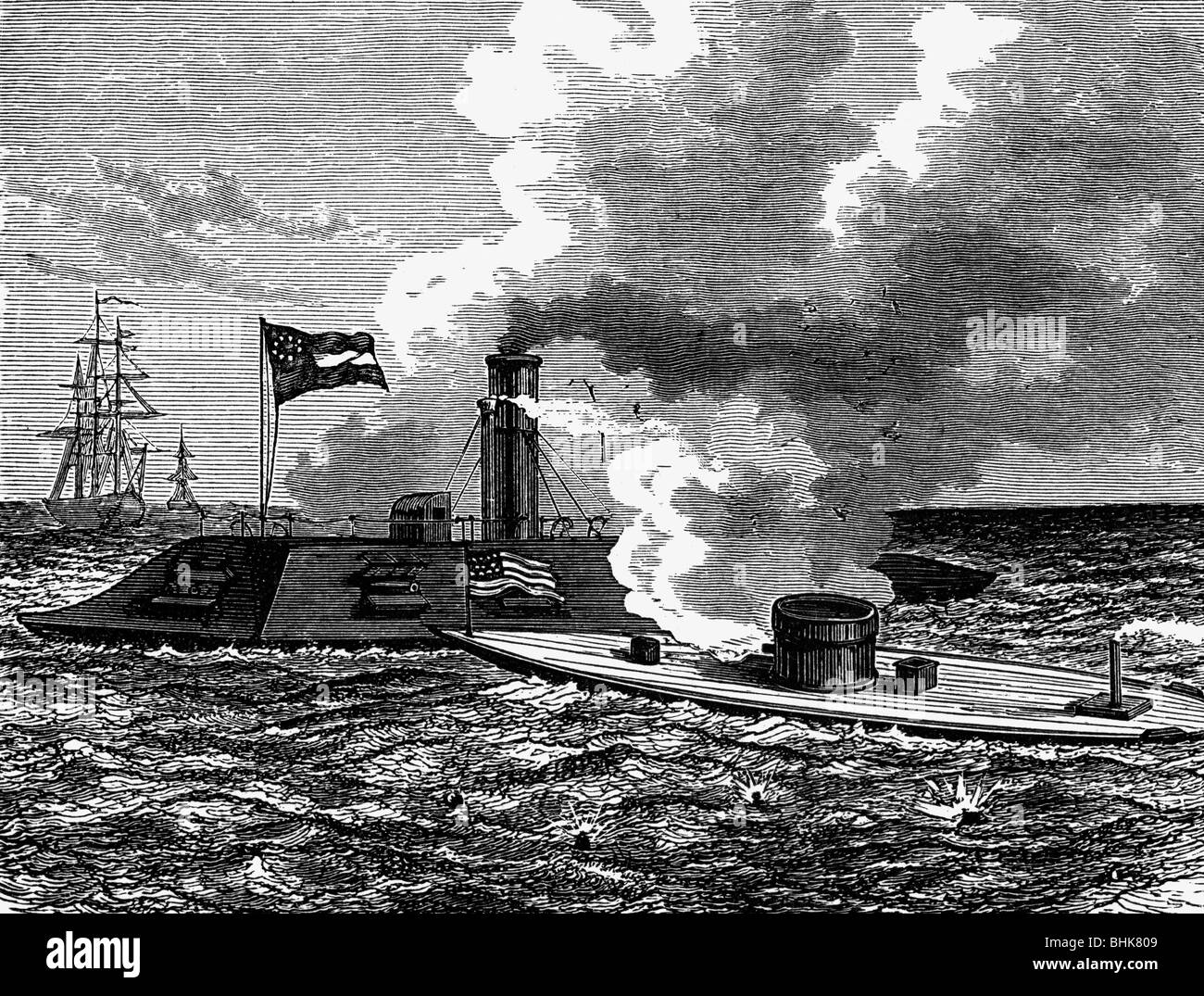 geography / travel, USA, American Civil War 1861 - 1865, naval warfare, Battle of Hampton Roads, Virginia, combat between USS 'Monitor' and CSS 'Virginia', 9.3.1862, wood engraving, 19th century, , Stock Photo