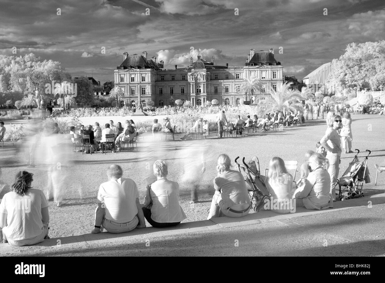 Paris, FRANCE - Luxembourg Garden, 'Jardin du Luxembourg', Scenic With Senate France Building, Autumn, in Infra-Red Black & White. Stock Photo