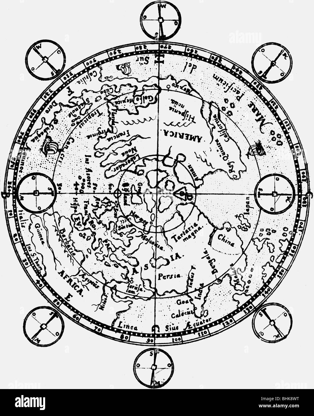 cartography, maps, North Pole ans Norther Hemisphere, copper engraving by Levin Hulsius, 1602, Artist's Copyright has not to be cleared Stock Photo