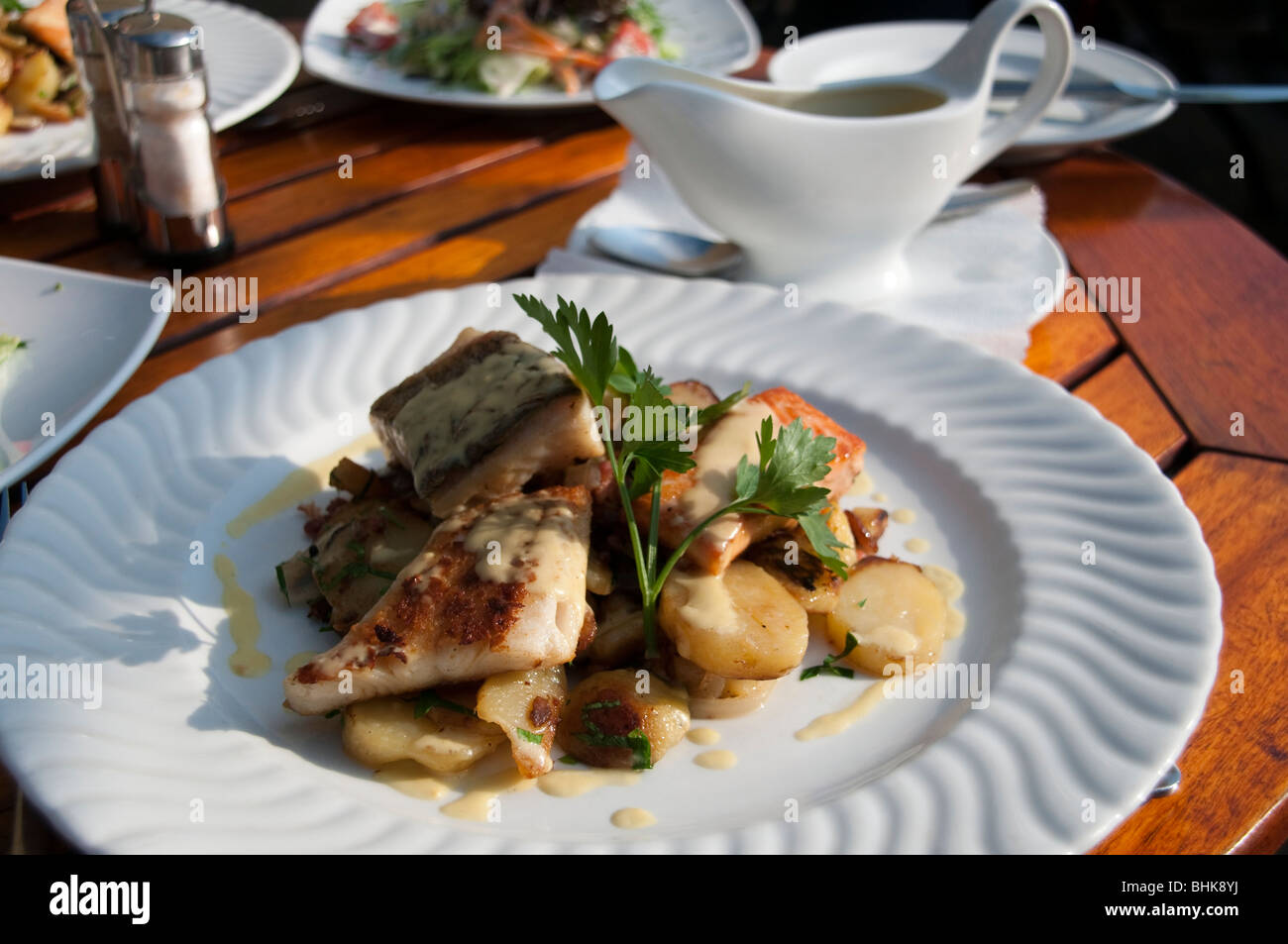 Hamburger Pannfisch (fried fish with fried potatoes), food, speciality, Hamburg, Germany Stock Photo