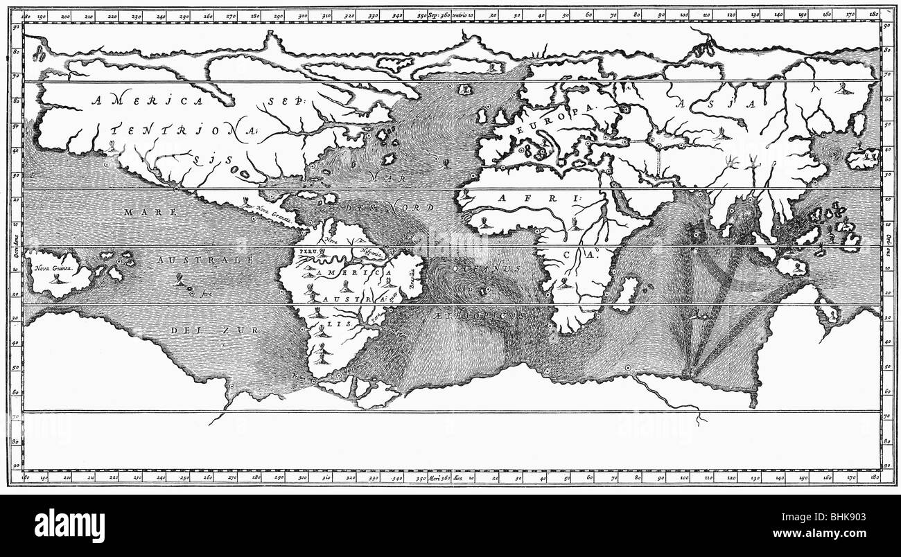 cartography, world maps, physical map with description of ocean currents an vulcans, copper engraving, 'Mundus Subterraneus' by Athanasius Kircher, 1664, , Artist's Copyright has not to be cleared Stock Photo