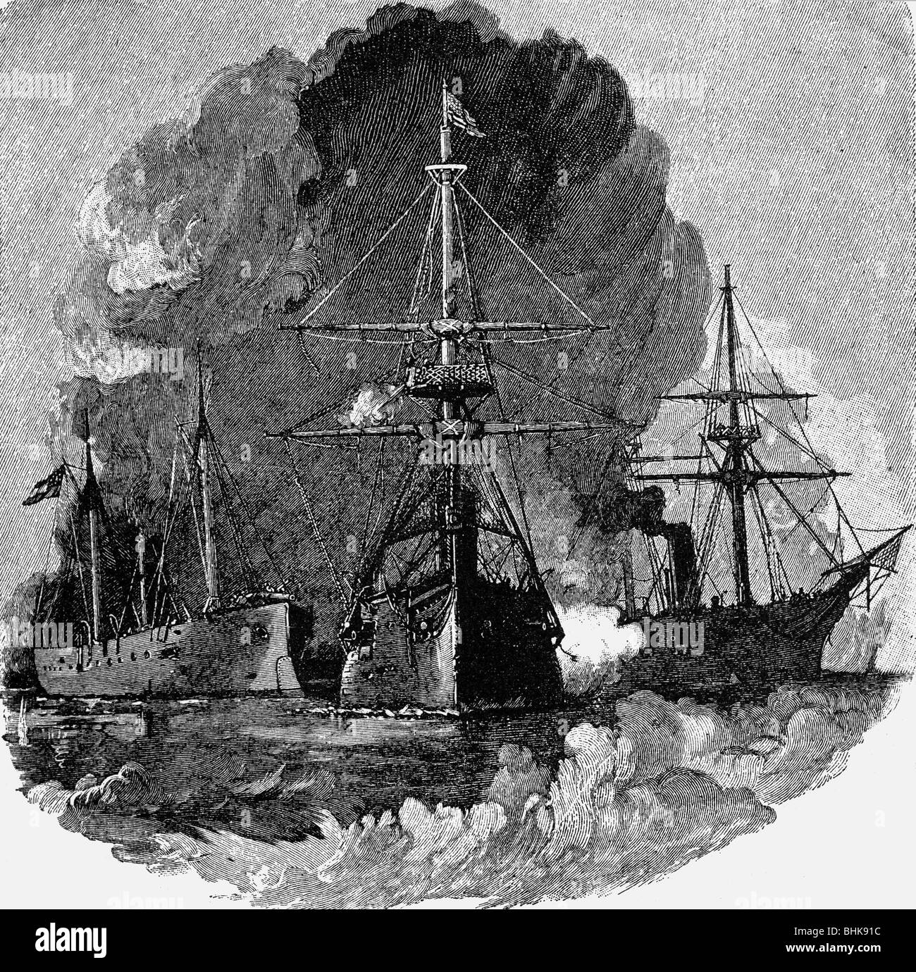geography / travel, USA, American Civil War 1861 - 1865, Battle of Forts Jackson und St. Philip, Louisiana, 18.- 28.4.1862, breakthrough of the USS 'Iroquis', 24.4.1862, wood engraving, 19th century, , Stock Photo