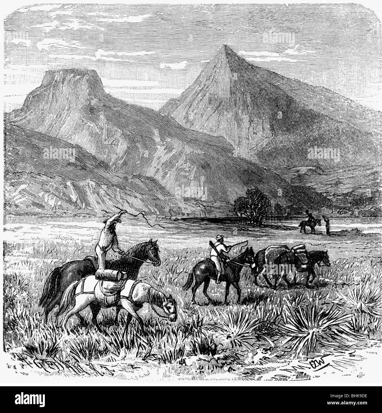 Stuart, John McDouall, 7.9.1815 - 5.6.1866, Scottish explorer of Australia, scene, during an expedition in Australia, wood engraving, 19th century, , Stock Photo