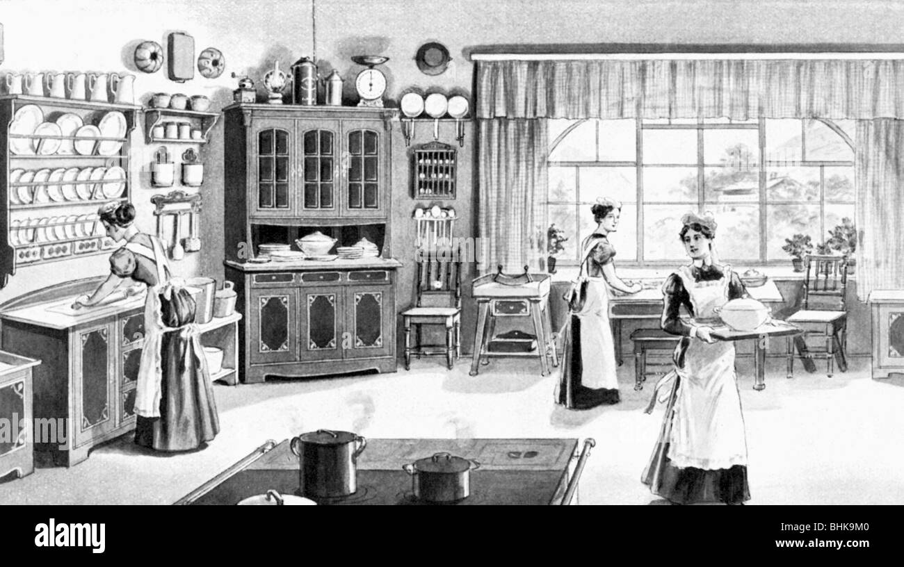 household, kitchen and kitchenware, kitchenmaids cooking, baking and serving, from 'Neues illustriertes Universal-Kochbuch' (New illustrated universal cookbook), Germany, 1907, Stock Photo