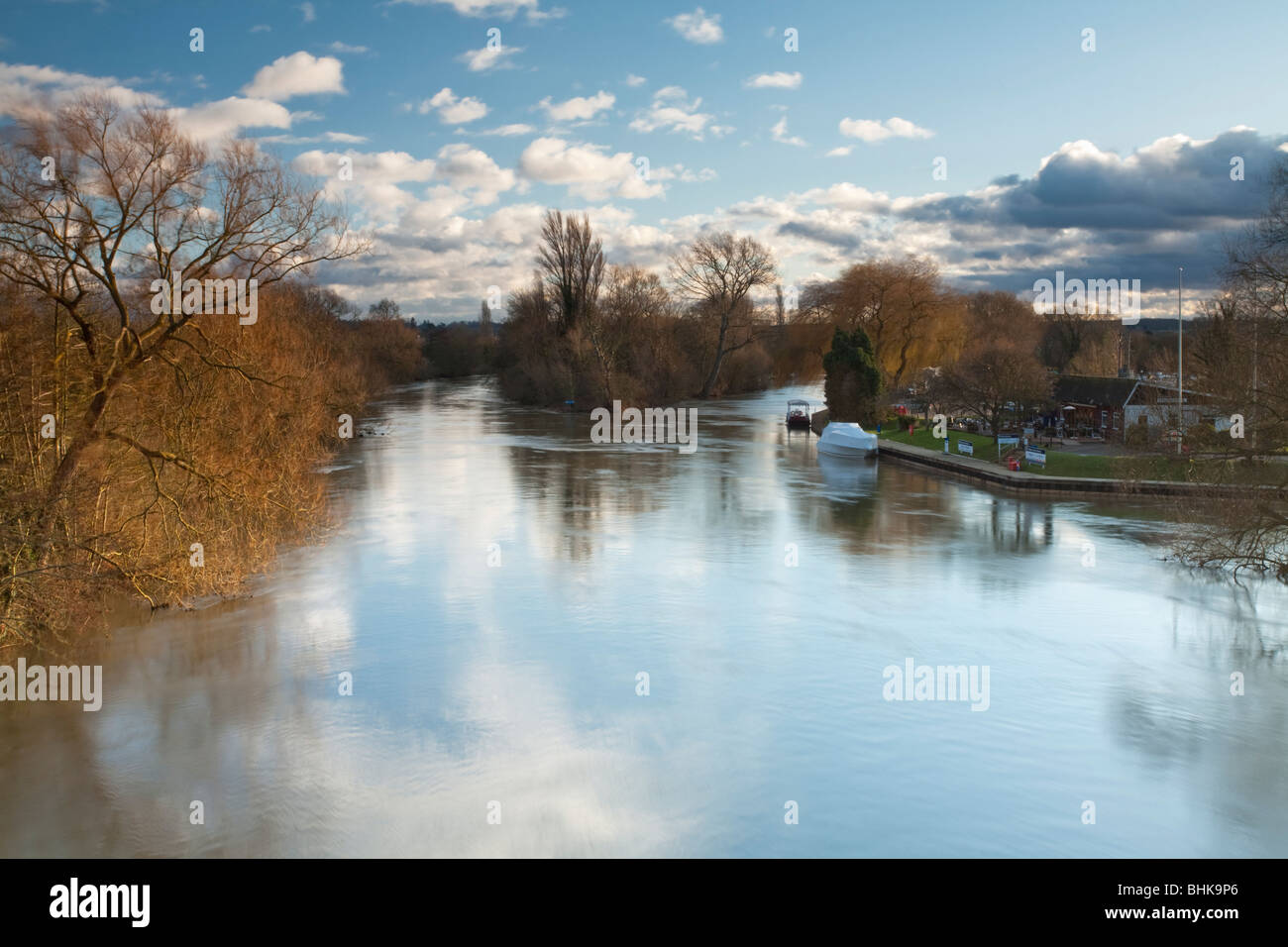 Queen's Eyot and Bray Marina from footbridge over the River Thames, Bray, Berkshire, Uk Stock Photo