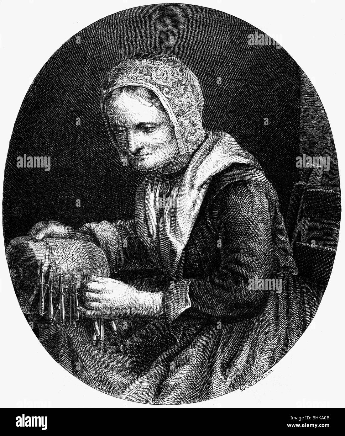 Uttmann, Barbara, 1514 - 15.10.1575, German businesswoman, making bobbin lace, wood engraving by Adolf Neumann, 'Die Gartenlaube', No. 8, 1870, , Stock Photo