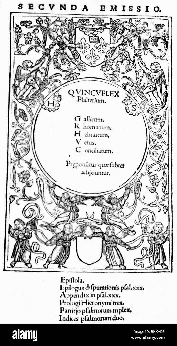 Lefevre d'Etaples, Jacques, 1450/1455 - 1536, French clergyman and humanist, works, 'Quintuplex psalterium', 1513, title, Calvin Museum Noyon, 1959, , Stock Photo