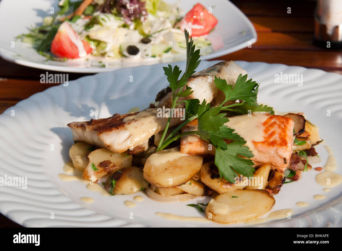Hamburger Pannfisch (fried fish with fried potatoes), food, speciality, Hamburg, Germany Stock Photo