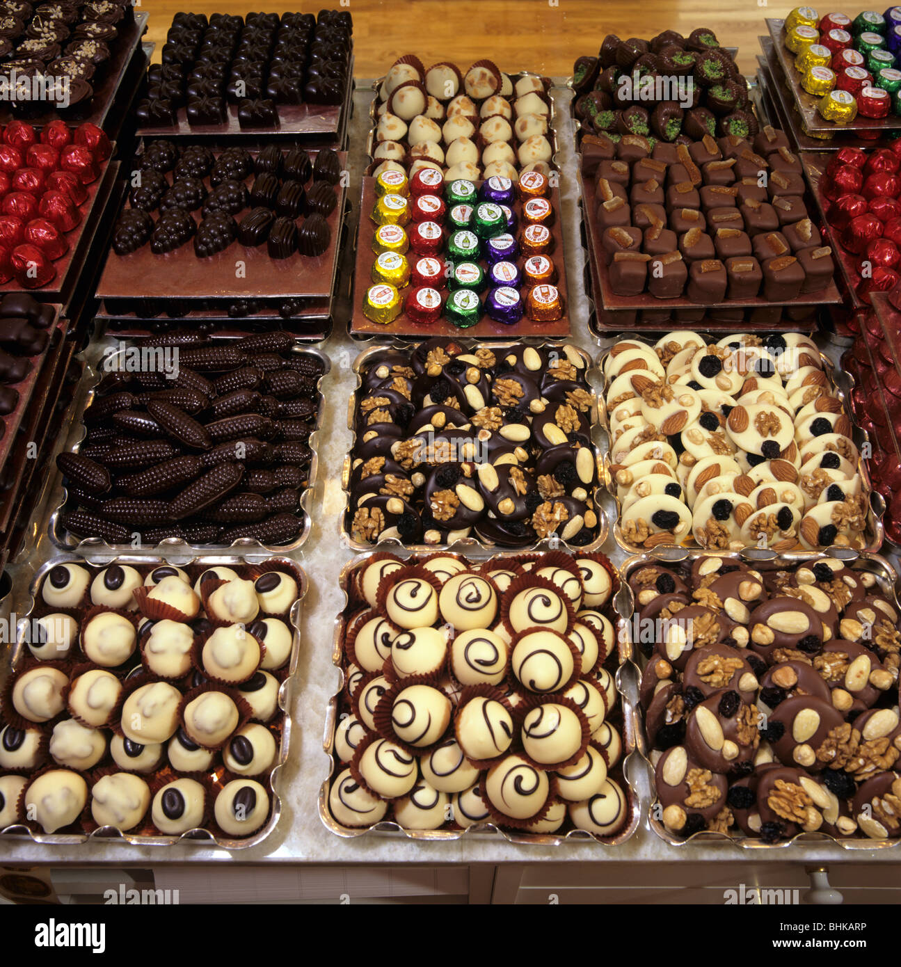 Trays of assorted Belgian chocolates Stock Photo