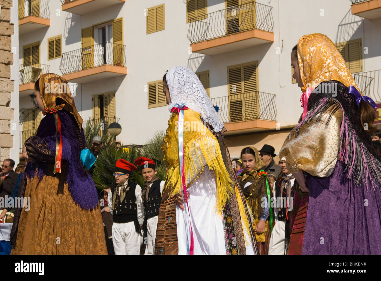 Women in traditional costume performing folklore dances, Ibiza, Spain. Stock Photo