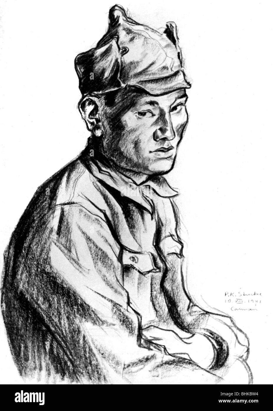 events, Second World War / WWII, prisoners of war, captured Soviet soldier, drawing, made by the German war correspondant Stucke, 10.8.1941, Stock Photo