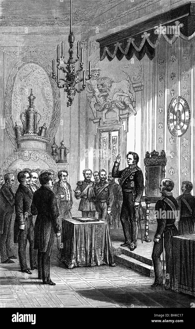 Frederick William IV, 15.10.1795 - 2.1.1861, King of Prussia 7.6.1840 - 26.10.1858, swearing oath on the constitution, 6.2.1850, wood engraving, 19th century, , Stock Photo